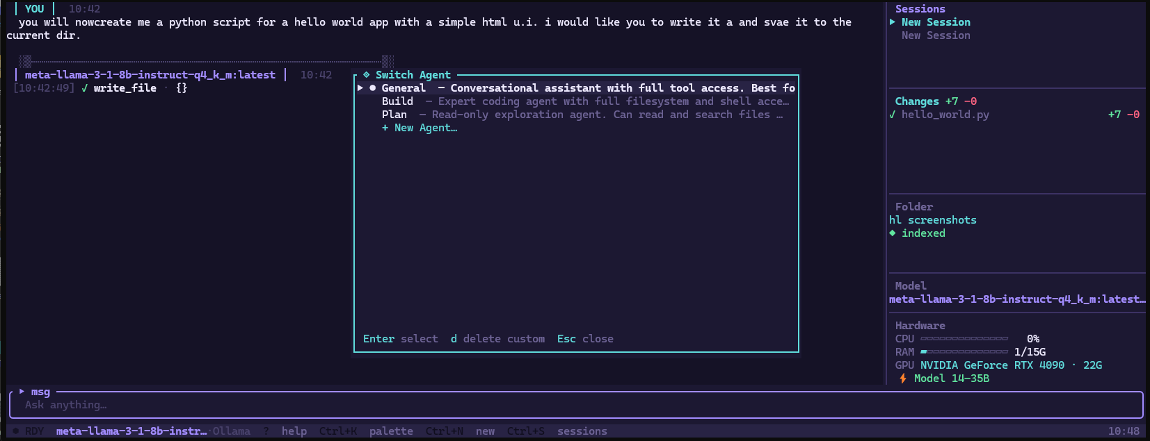 HyperLite agent picker — General, Build, Plan, and a New Agent option