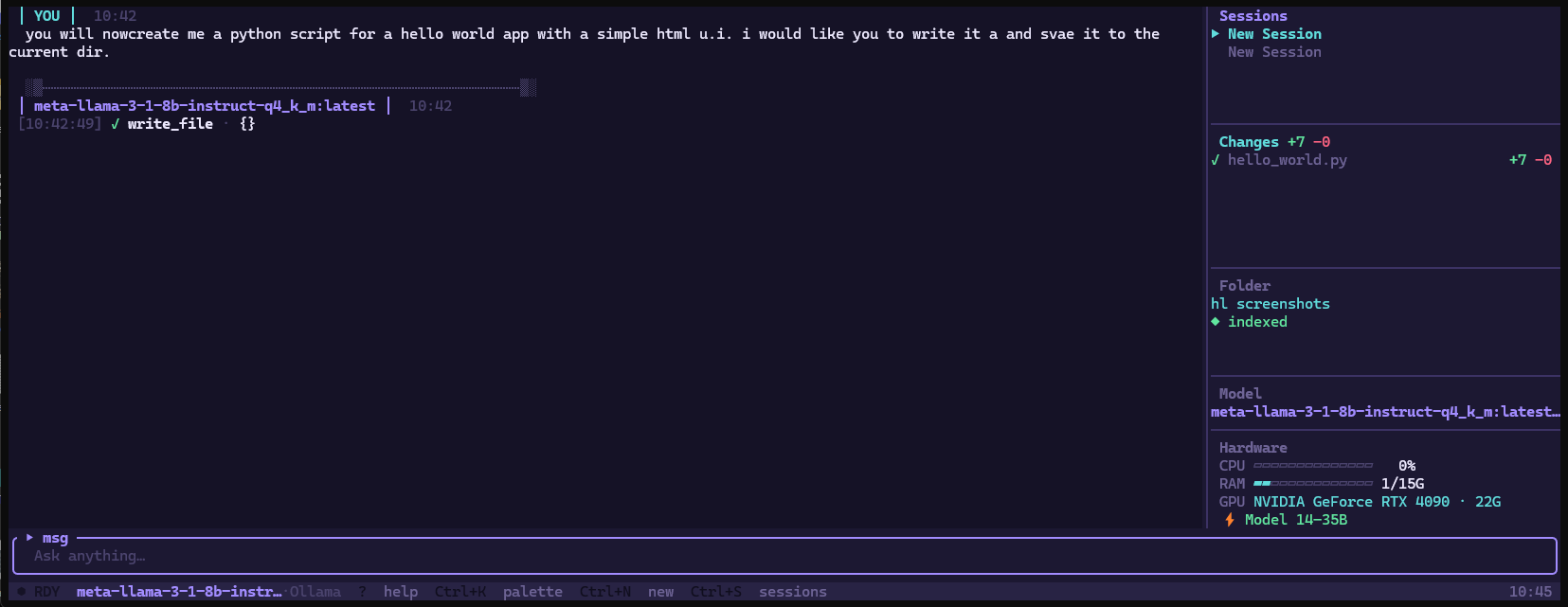 HyperLite chat with the model calling write_file, the sidebar tracking a +7 / -0 change