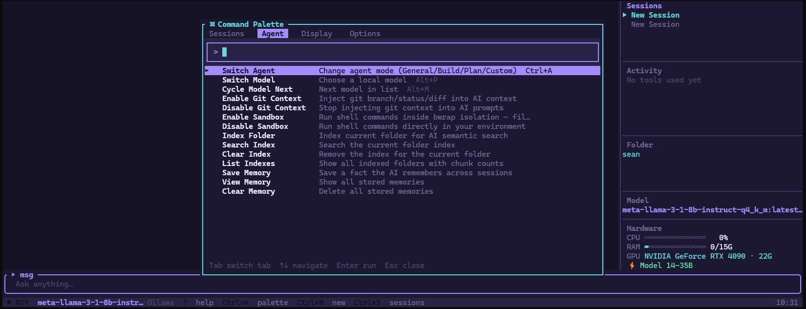 Command palette, Agent tab