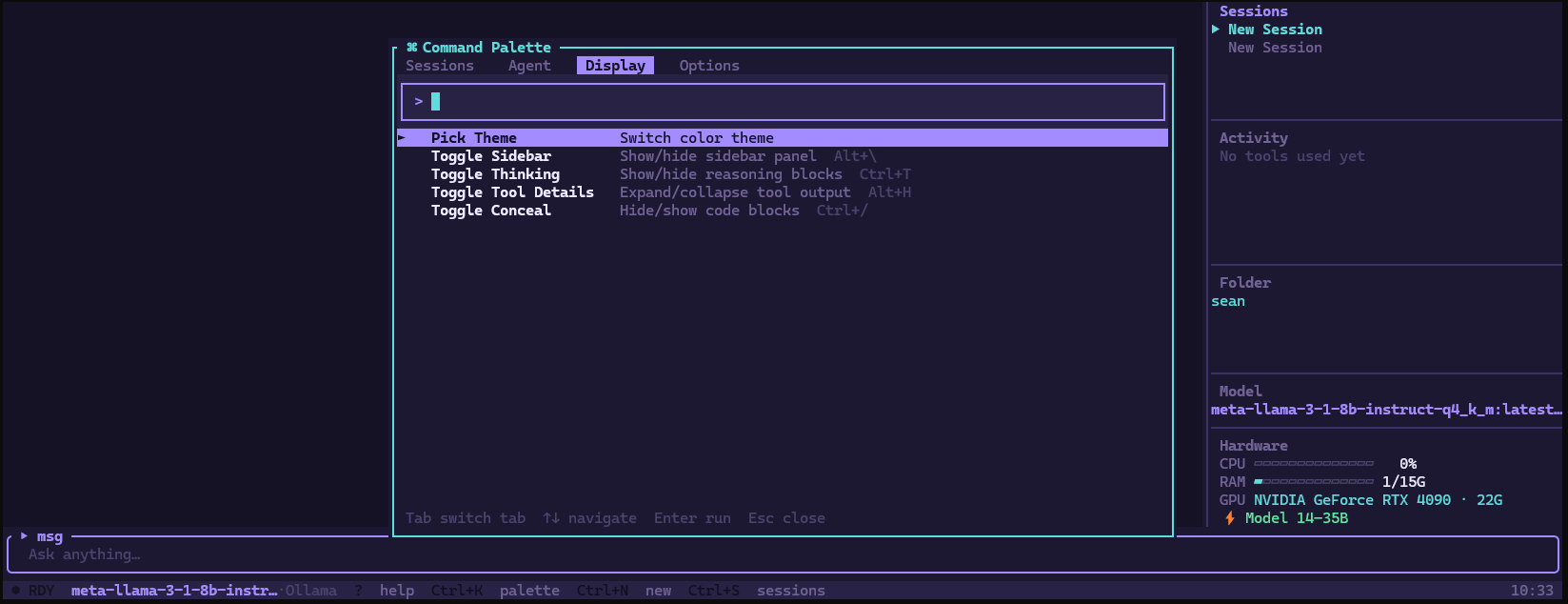 Command palette, Display tab