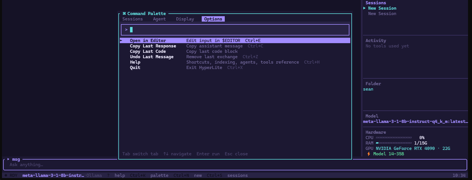 Command palette, Options tab