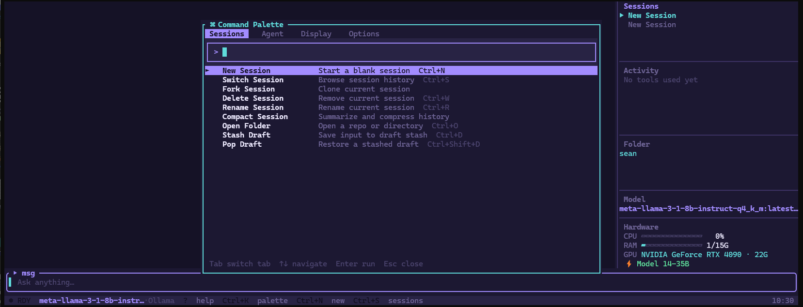 Command palette, Sessions tab