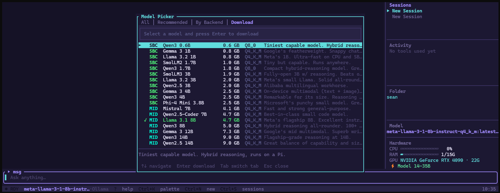 HyperLite model picker — download tab with SBC / MID / HIGH tiers and quantization labels