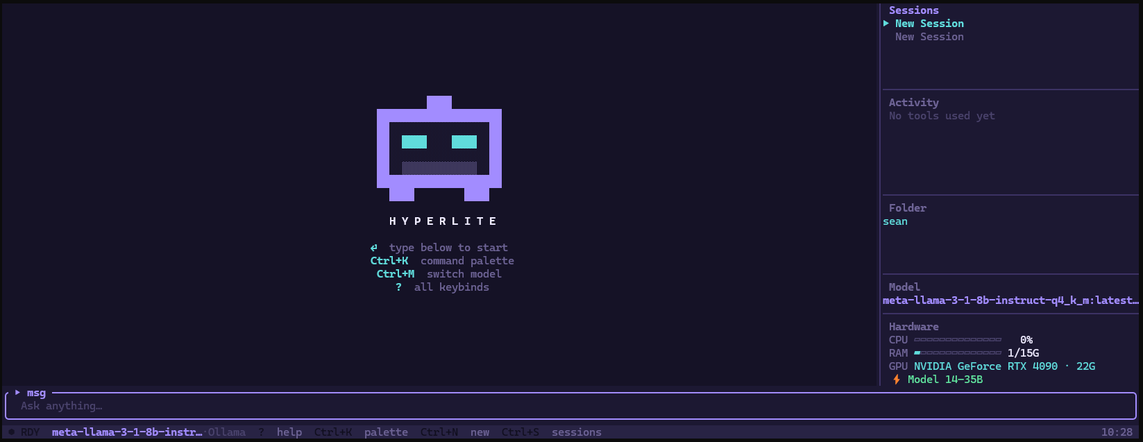 HyperLite launch screen with its pixel-art mascot, sidebar showing hardware and session info