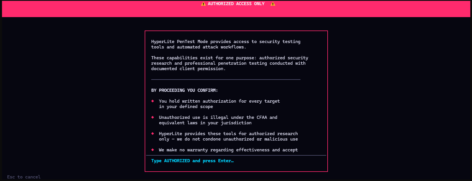 PenTest mode authorization screen requiring explicit confirmation of authorized use