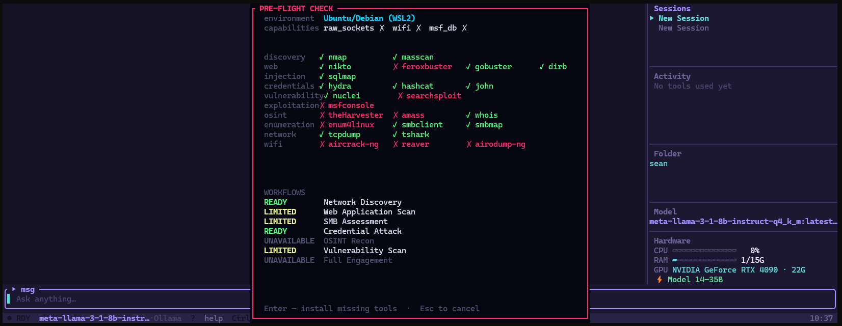 PenTest pre-flight check listing detected tools and workflow readiness