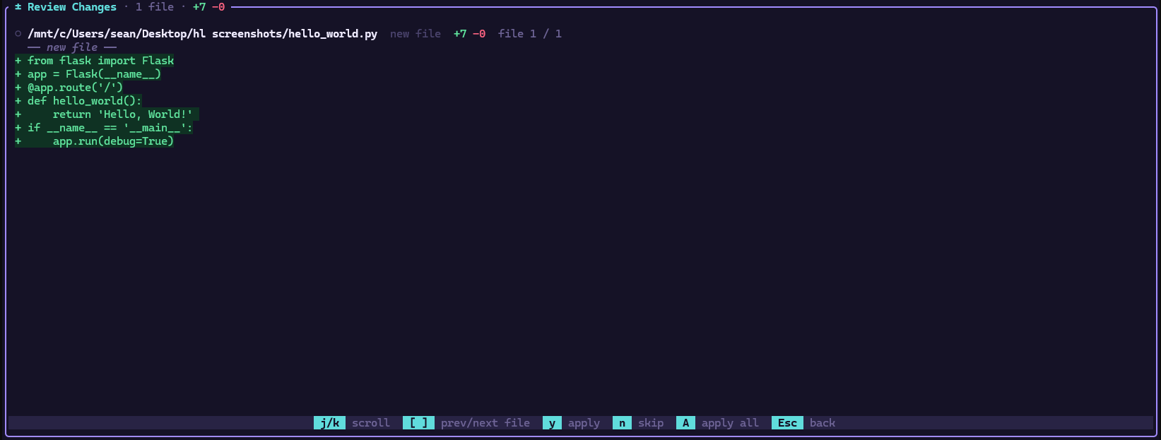 HyperLite showing a syntax-highlighted diff of a new file with apply / skip / apply-all controls