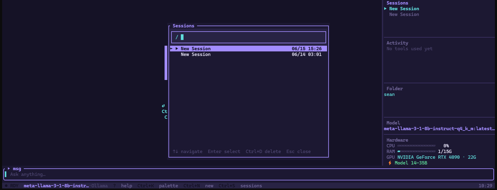 HyperLite session browser with searchable, timestamped sessions