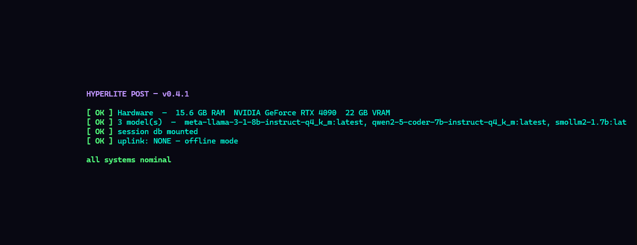 HyperLite first-run check detecting GPU, VRAM, RAM, installed models, and offline status